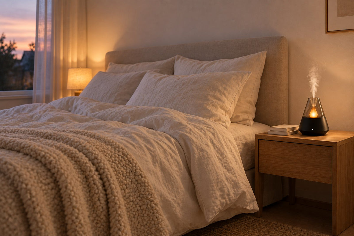 Diffuseur d'ambiance Brume allumé sur une table de nuit dans une chambre au crépuscule