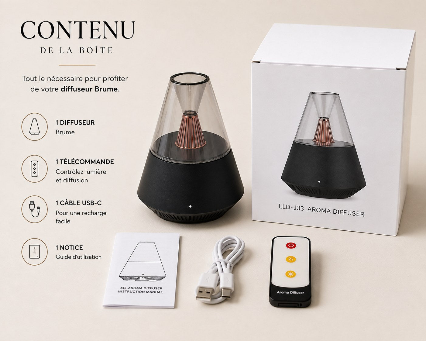 Le diffuseur Brume avec sa boîte, sa télécommande, son câble USB-C et sa notice