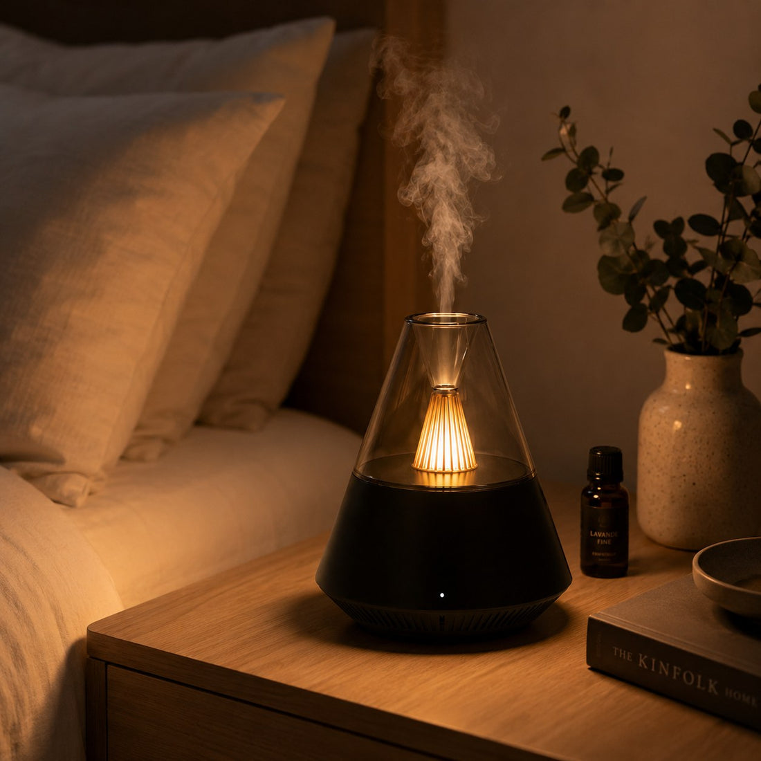Diffuseur d'huiles essentielles Brume allumé sur une table de nuit, avec un flacon de lavande