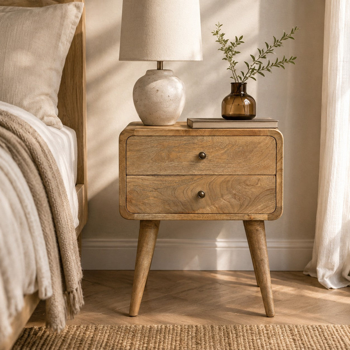 Table de chevet Galet dans une chambre en lin écru avec lampe en céramique