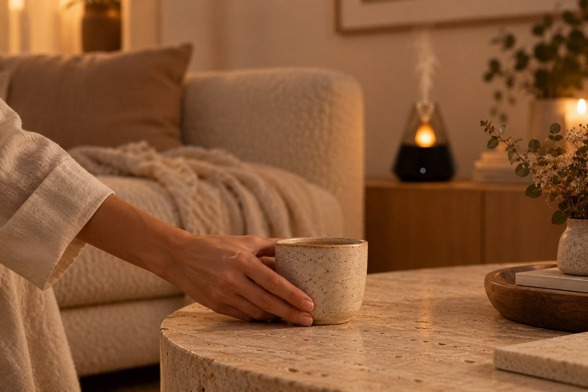 Diffuseur Brume allumé en arrière-plan dans un salon le soir, tasse posée sur la table basse