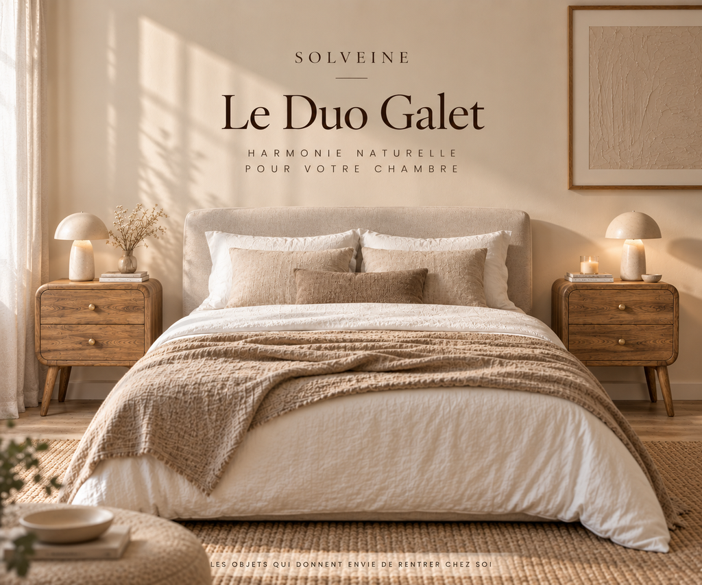 Duo Galet avec deux tables de chevet en manguier massif de chaque côté du lit