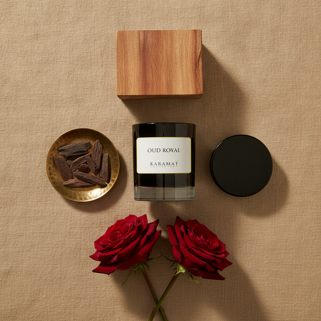 Bougie Oud Royal Karamat 170 g — évocation des notes boisées et rosées sur fond beige