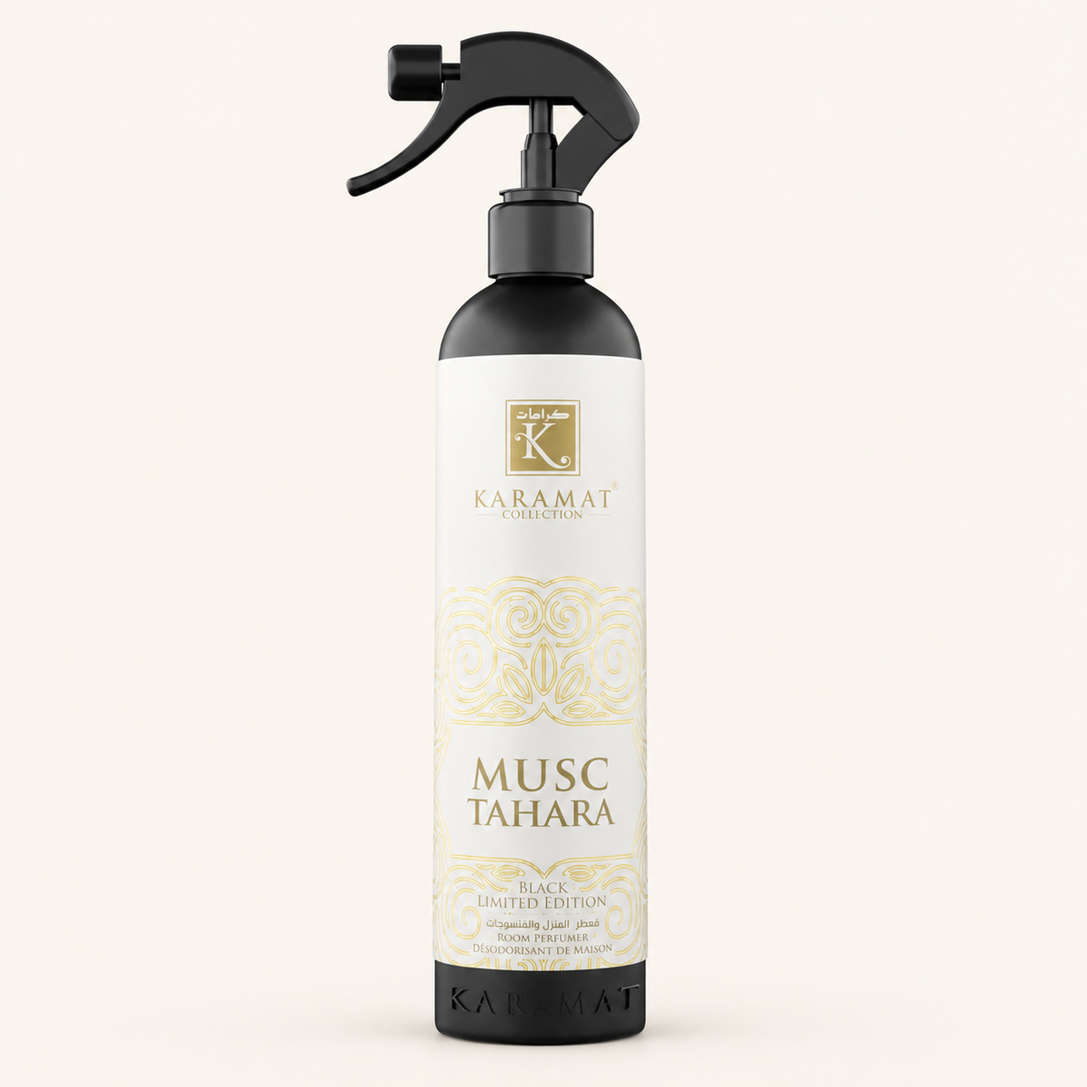 Musc Tahara — Spray Black Edition 500 ml Karamat, sur fond crème