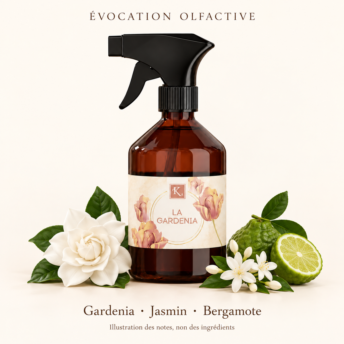 Évocation olfactive — Gardenia, Jasmin, Bergamote ; illustration des notes, non des ingrédients.