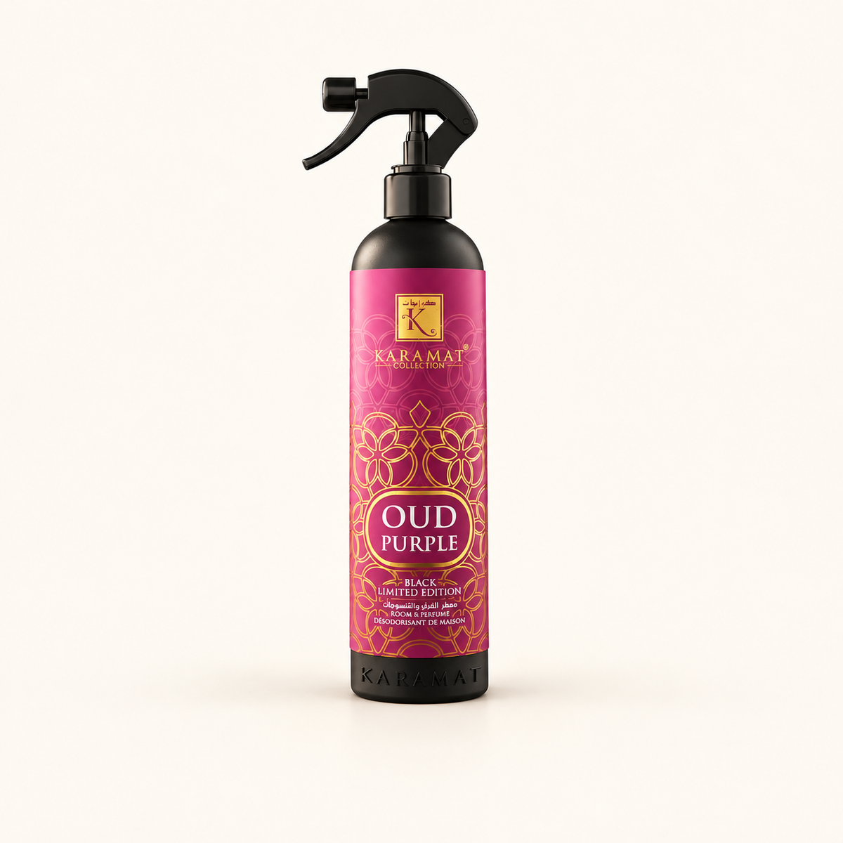 Oud Purple – Parfum Pourpre d’Oud Spray 500 ml — flacon sur fond crème