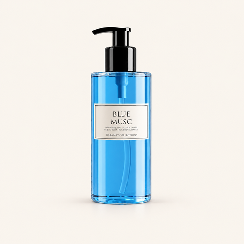 Blue Musk Savon Liquide de Luxe 300 ml — produit sur fond crème