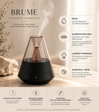Caractéristiques du diffuseur Brume : réservoir 150 ml, alimentation USB-C, lumière d'ambiance, silencieux sous 36 dB, jusqu'à 7h30 de diffusion
