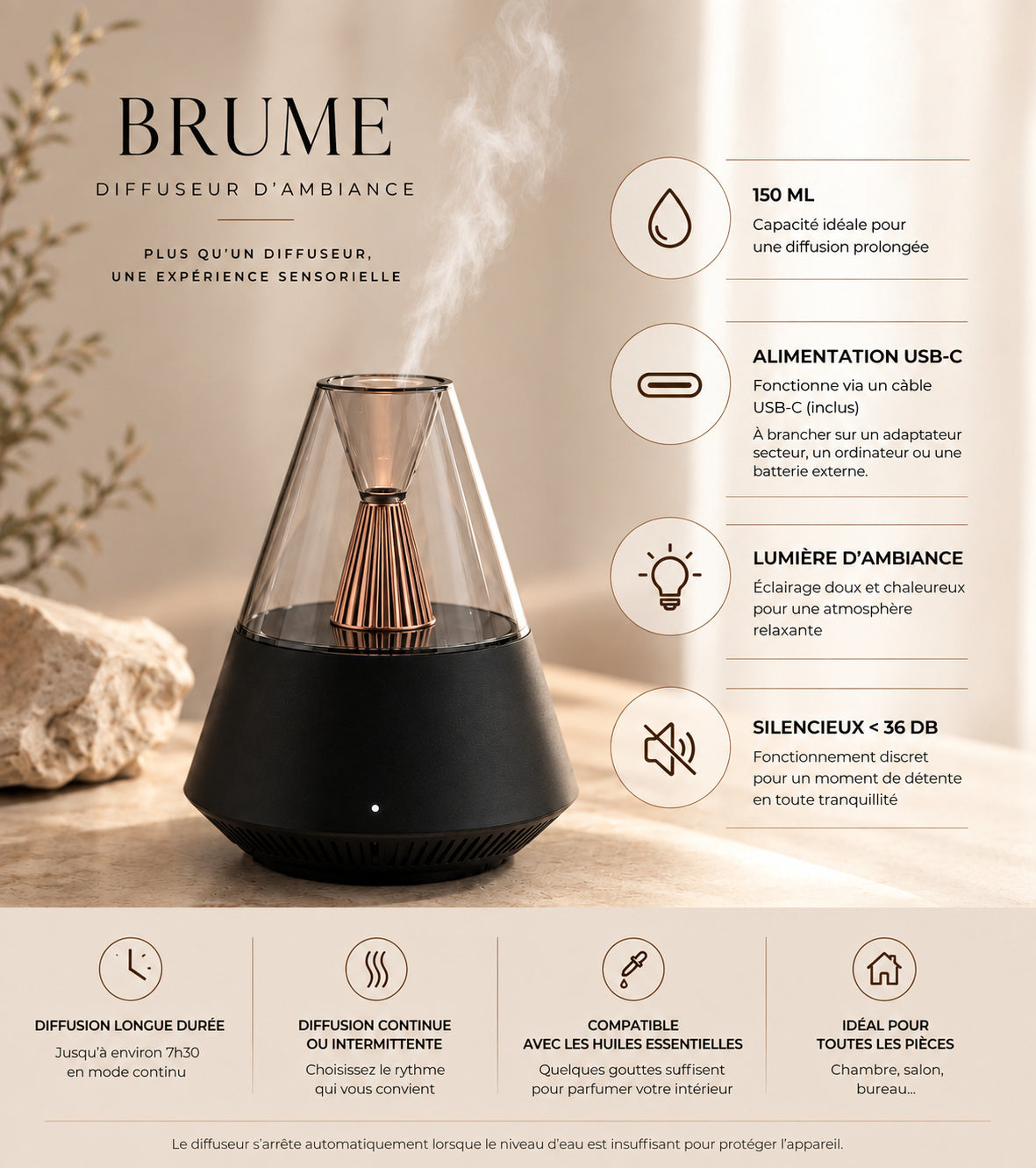 Caractéristiques du diffuseur Brume : réservoir 150 ml, alimentation USB-C, lumière d'ambiance, silencieux sous 36 dB, jusqu'à 7h30 de diffusion