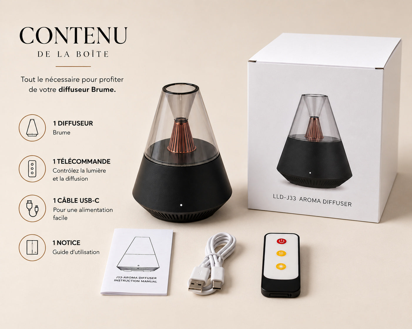 Contenu de la boîte Brume : le diffuseur, la télécommande, le câble USB-C et la notice en français