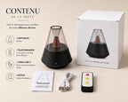 Contenu de la boîte Brume : le diffuseur, la télécommande, le câble USB-C et la notice en français