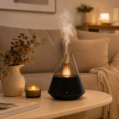 Diffuseur d'ambiance Brume allumé sur une table basse dans un salon le soir, brume fine et lumière tamisée
