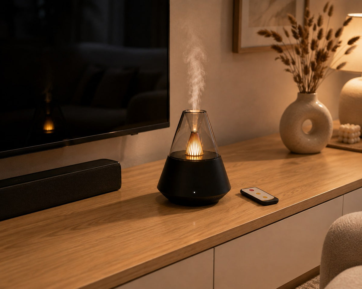 Diffuseur Brume avec sa télécommande posé sur un meuble télé en bois, diffusion en cours