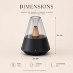 Dimensions du diffuseur Brume : 12 cm de diamètre, 11,4 cm de hauteur, capacité 150 ml, alimentation USB-C