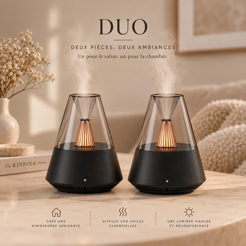 Deux diffuseurs d'ambiance Brume Solveine côte à côte, dôme effet verre et lumière chaude, duo pour le salon et la chambre