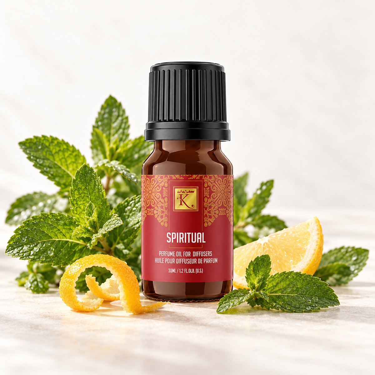 Huile parfumée Spiritual 30 ml, mise en scène avec de la menthe et des agrumes pour évoquer ses notes fraîches.
